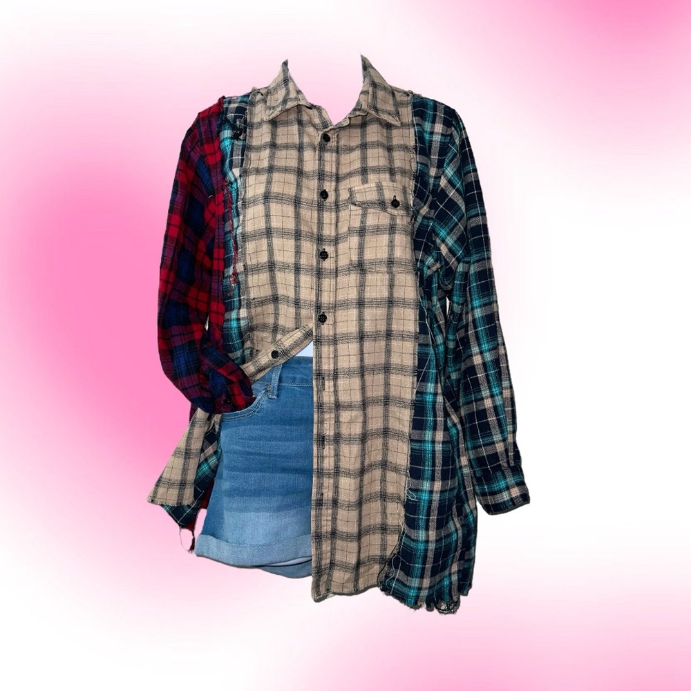 Distressed Color-Block Flannel